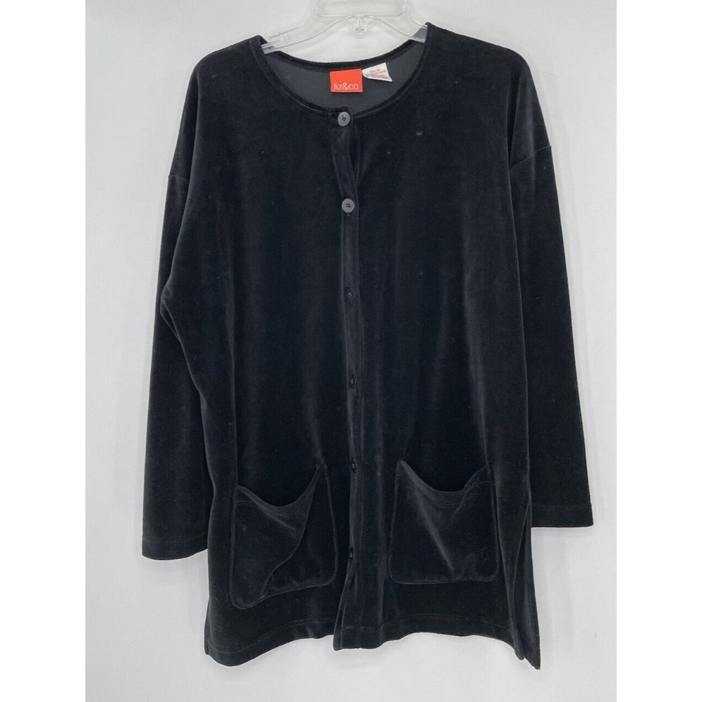 Liz & Me Women’s Vintage Velour Black Button Up Cardigan With Pockets Size Small